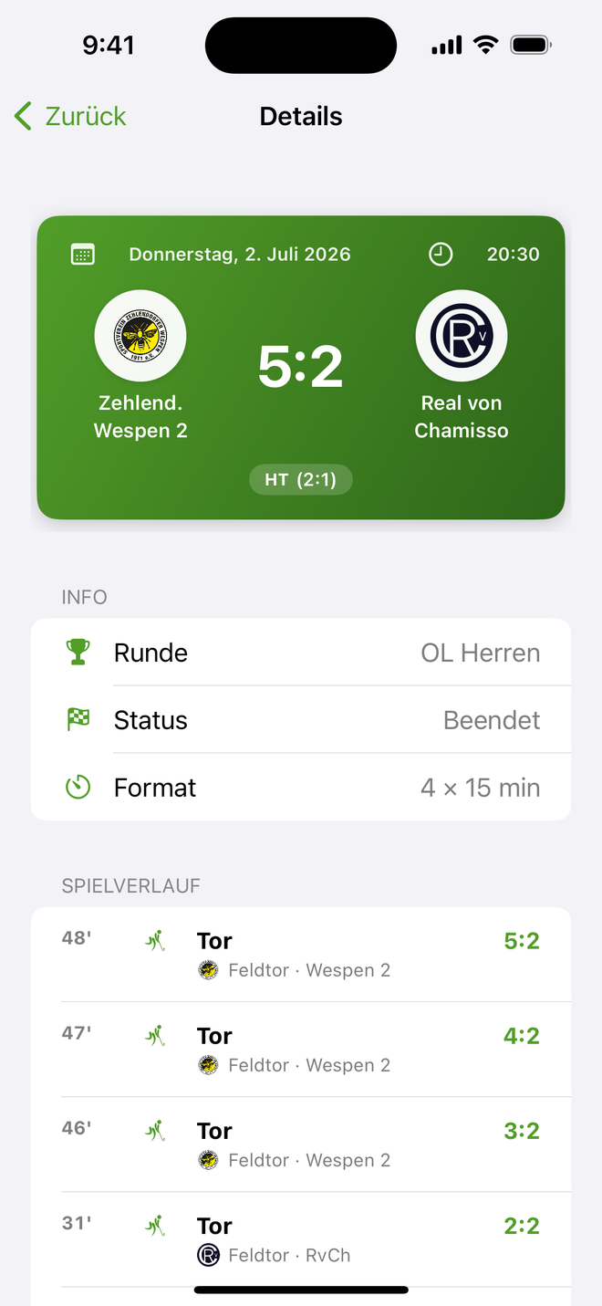 Spieldetail mit Live-Ticker